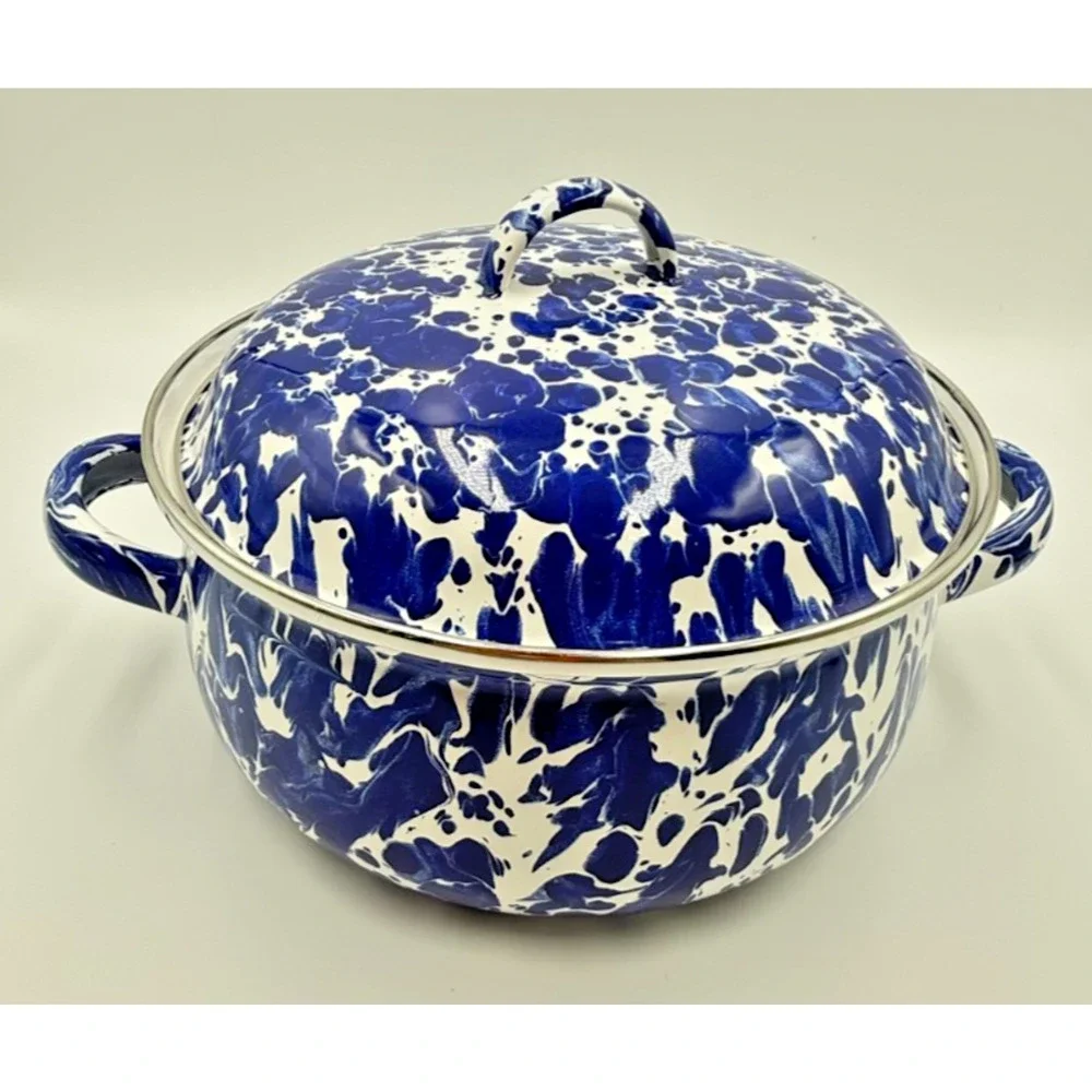 Golden Rabbit Cobalt Blue Swirl Enamelware Dutch Oven Pot Spatterware 2.5 Quart